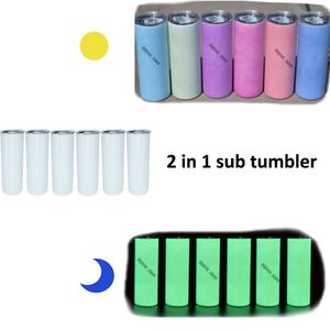 20oz 2 in 1 Sublimatie Straight Tumbler UV Kleur Change + Glow Dark Skinny Tumblers Twee functie Waterfles Magic Rvs Cup Deksel Stro