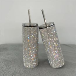 20 oz/600 ml Shining Diamond Thermosflessen met Stro Rvs Tuimelaars Draagbare Waterfles Koffiemok voor meisje Gift 240311