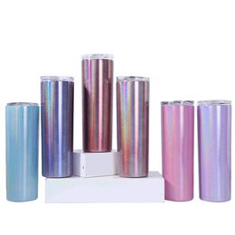 20oz lege sublimatie Skinny Tumbler Mok met stro roestvrij staal Glitter wijn Mokken Rainbow Geïsoleerde Koffie Bier Cups HH21-184