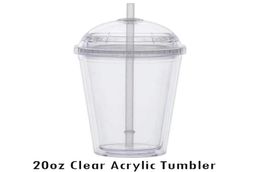 20 oz Clear Straw Tumbler Buiten met fles Drinken Dubbele Acryl Deksel Koepelwand Plastic Lekkagevrije Cup Water GCOUU9386452