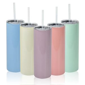 20oz Gekleurde Sublimatie Skinny Tumblers blank glanzend recht Skinny tumbler met deksel rietje Roestvrijstalen vacuüm geïsoleerde koffiekopjes