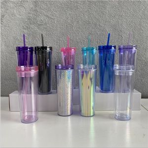 20oz Kleurrijke Acrylic Tumbler Skinny Cup Dubbelwandige Plastic Tuimelaar Semitransparent Fles met Stro Deksels Reizen Draagbare Mok