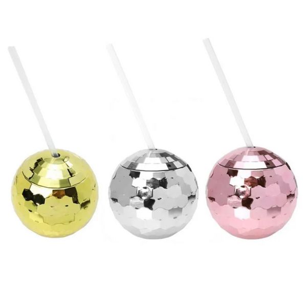 20oz Disco Ball Cups Tumbler Disco Flash Ball Cocktail Cup Silberner kugelförmiger Becher mit Deckel und Strohhalm Weinglas Funkelnd glänzender Becher für Nachtclub Bar Party E0529