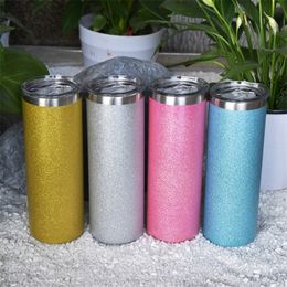 20oz Skinny Straight Kleurrijke Glitter Tumbler Blauw Wit Roze Geel Roestvrij staal Waterflessen Dubbele Muur Geïsoleerde Cups Drinken Melk Mokken A12