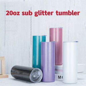 20 oz Sublimation Glitter Straight Tumbler Shimmer Skinny tasses Peinture arc-en-ciel Double paroi en acier inoxydable Tasse isolée Bouteilles d'eau portables Tasses de voyage nouveau