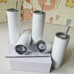 20 oz sublimation droite maigre gobelets blanc blanc en acier inoxydable isolé sous vide conique mince bricolage 20 oz tasse voiture tasses à café avec paille