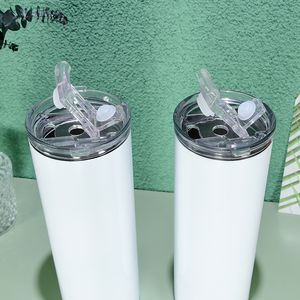 20oz Sublimation Tumblers Lege Glanzende Straight Tumbler met Nieuwe Deksels Clear Stro Witte Doos Roestvrij staal Waterfles Dubbele Muur Vacuüm Geïsoleerde Cups