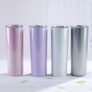 SUBLIMATION DE 20OZ Bouteilles d'eau arc-en-ciel peinture isolée Skinny Tumblers paillettes Tasse à café en acier inoxydable avec paille en plastique