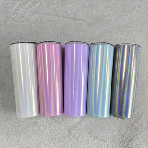 20 oz blanco rosa azul negro púrpura sublimación en blanco brillo holográfico brillo vaso de vacío aislado flaco recto con tapa deslizante y pajita