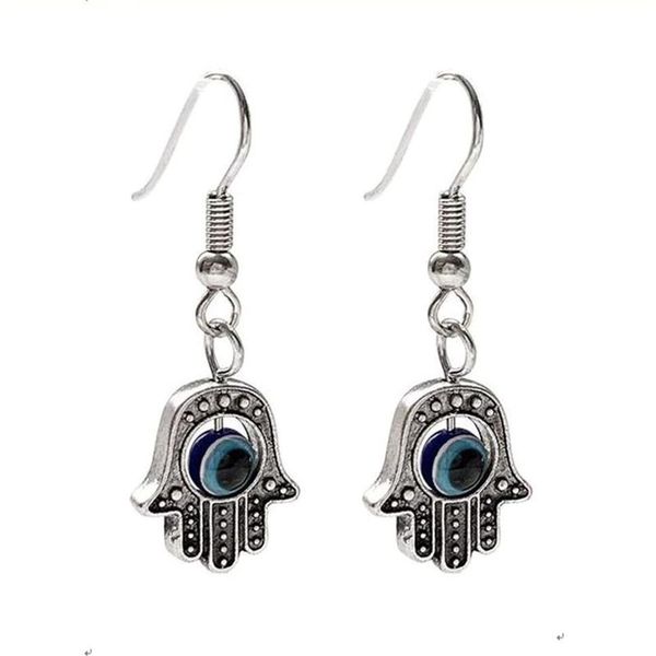 20 pares de pendientes colgantes de aleación 35x12 8mm plata antigua mano de Fátima mal de ojo anzuelo oreja alambre para hombres y mujeres joyería de moda 304E