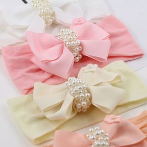 20 -st/Lot Princess Baby Satin Ribbon Bow Nylon Hoofdband met Pearl Center Infant Solid Hair Bow -hoofdband voor Kid Girls Headwar 240328