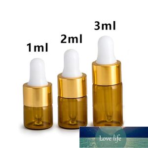 20Pcs 1/2/3 Ml Amber Glas Essentiële Olie Aromatherapie Druppelaar Flessen Goud Aluminium Cap Reagens drop Eye Vloeistof Pipet Fles