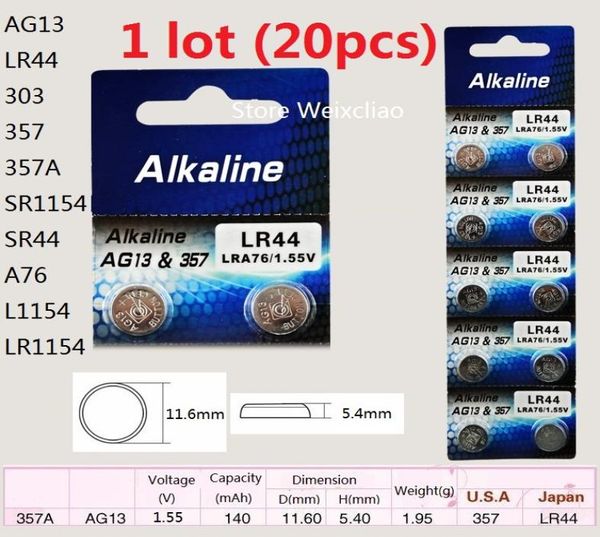 20 pièces 1 lot AG13 LR44 303 357 357A SR1154 SR44 A76 L1154 LR1154 155 V pile bouton alcaline piles 8028062