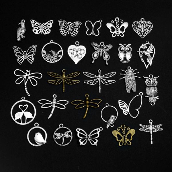 20pcs 27 Style Butfly Bird Owl Bee Dragonfly Charms Pendant For DIY Earge Boucle Collier Bijoux de fabrication Accessoires