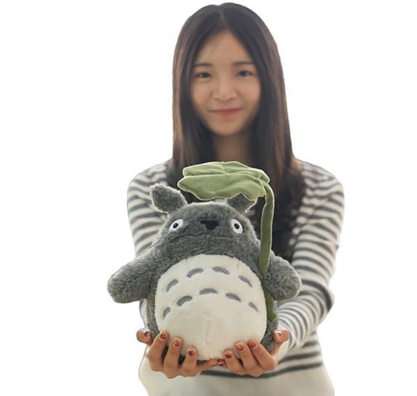 20pcs 30cm Totoro Soft Toy en peluche debout kawaii japon anime dessin animé poupée de chat gris avec parapluie de feuille verte