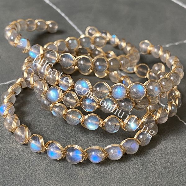 20pcs Bleu Flash Bleu Funstone Wrap Bracelet de bracelet 5mm ronde Gemstone Full Perle Bracelet avec pierre de cristal de quartz de labradorite de labradorite