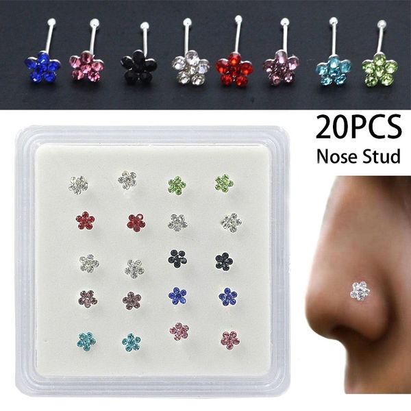 20 unids / caja Cuerpo Nariz Piercing Joyería Anillos de Nariz Pendientes de Nariz de Plata Para Mujeres Flor de Cristal de Colores Joyería de Uñas Al Por Mayor SH190727