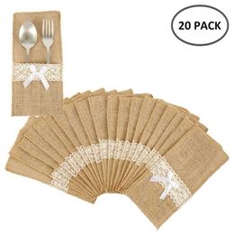 20 stks Jute Kant bestek Pouch Rustiek Bruiloft Servies Mes Vork Houder Bag Hessische Jute Tafel Decoratie Accessoires 211122