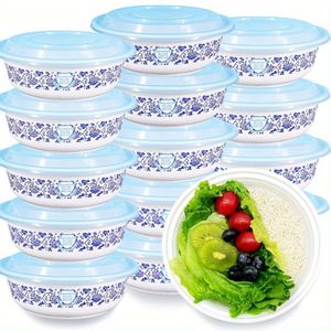 Lot de 20 récipients alimentaires chinois rayés en porcelaine bleue et blanche avec couvercles, pour emporter, salade, déjeuner, préparation de repas, passe au micro-ondes, sans BPA, empilable.