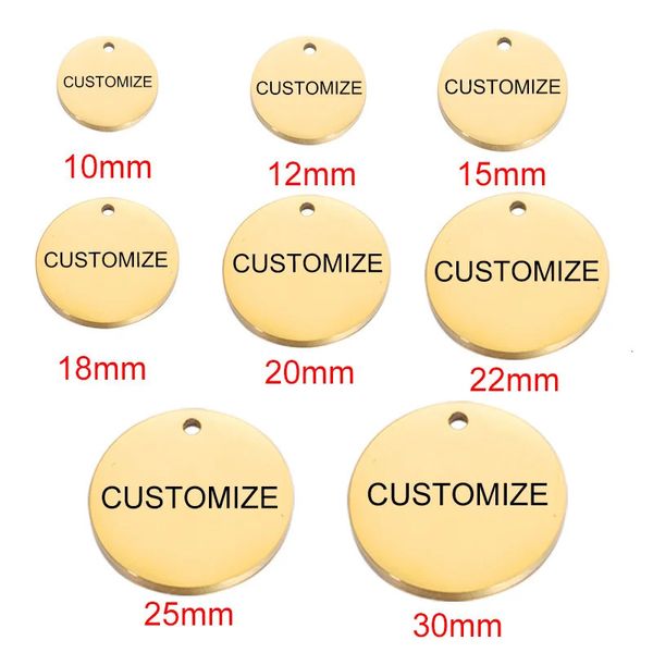 20pcs Commande personnalisée Laser Gravure en acier inoxydable gravé Personnalisé Round Round Round Bijoux Tags de plusieurs tailles 240419