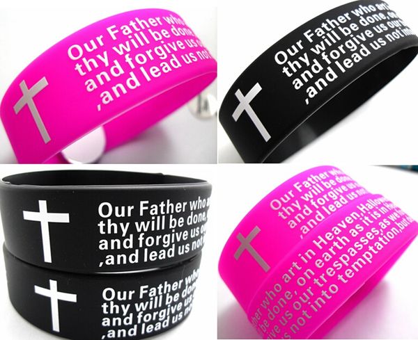 100pcs Inspirational English Lords Prayer Christian Mens WOMEN Fashion Cross Bracelets en silicone gros bracelet cuffJewelry Lots