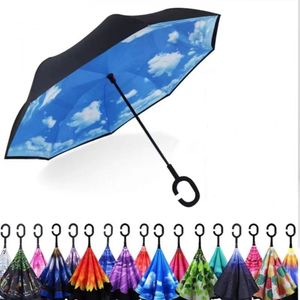 20pcs Folding Reverse Umbrella 52 Styles Double Layer Inverted Long Windproof Rain Car C-Hook Handle Umbrellas
