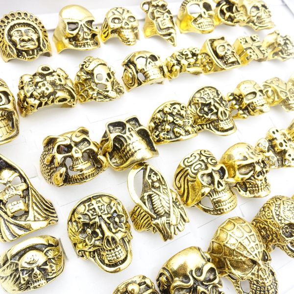 Bagues gothiques Punk crâne pour hommes, 20 pièces, argent plaqué or, accessoires de bijoux tendance, vente en gros, Lot de styles mixtes