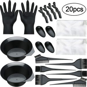 20 piezas por kit Juego de tazones para mezclar para teñir el cabello Cape Tint Brush Peine Bowl horquillas Cubiertas para los oídos Guantes Herramientas de salón