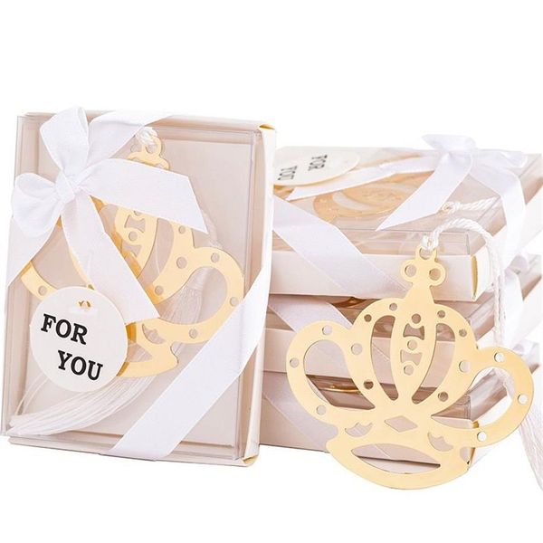 20pcs couronne creuse signet en métal doré glands blancs pour faveur de fête événement de mariage de Noël baby shower cadeau d'anniversaire souvenirs295o