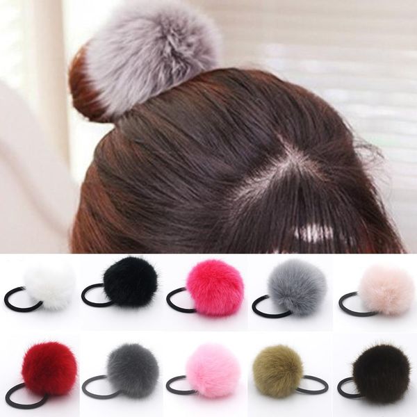 20 pcs dame fille 6 cm Fausse Fourrure Fluffy Ball Pom Pom chouchous pompon élastique Ponytail Holder cheveux corde cheveux cravates accessoires chapeaux GR102