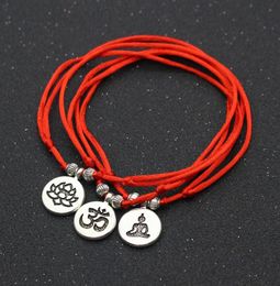 20 unids/lote plata antigua Metal OM Lotus pulseras con dijes tobilleras para mujeres hombres cuerda roja de la suerte hilo pulsera trenzada ajustable