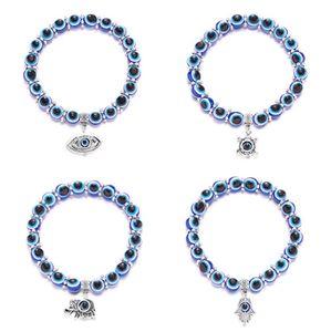 20PCS / lot Blue Evil Eye Beaded Strands Pulsera Mano de Fátima Turquía Mil ojos Wish DIY Resinas Bead Bangle Pulseras elásticas Jewlery