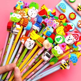 20 pièces/lot dessin animé mignon HB crayons de plomb en bois avec tête d'animal gomme écriture pour enfants Kawaii papeterie fournitures scolaires pour étudiants 240118