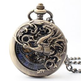 20pcs / lot Double Ouvert Flying Flying Dragon Montre Collier Creux Cadran Romain Vintage Bronze Mécanique Montres De Poche T200502