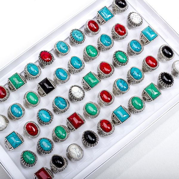 20pcs / lot mode rétro Bohemian Turquoise Natural Stone Band Ring For Men Women Femme Géométrique bijoux géométrique Vintage Cadeau