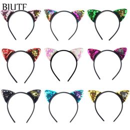 20pcs / lot bandeau en plastique avec 2 4 '' réversible paillettes broderie oreille chat mode bandeau cheveux arc accessoires HB068 C260N