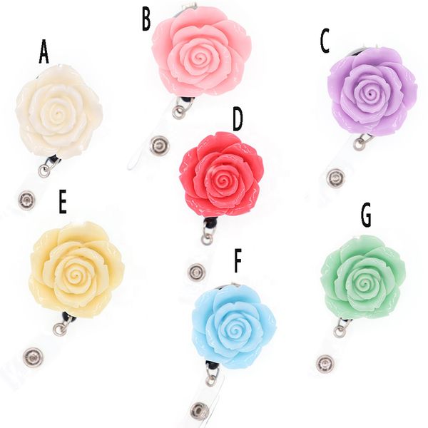 20 unids/lote llaveros Multicolor resina Rosa flor forma retráctil insignia carrete titular con Clip de cocodrilo para Decoración