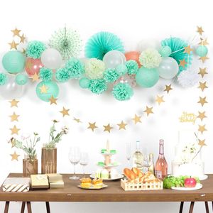 20 piezas Mint Green Party Kit de decoración Fans de papel Linternas Pom Pom Star Garland Cumpleaños Baby Shower Decoración de la boda Y200903