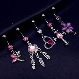 20pcs mix style pink angel dream catcher cross rose flower dangle navel belly bar button rings body piercing jewelry sets244d