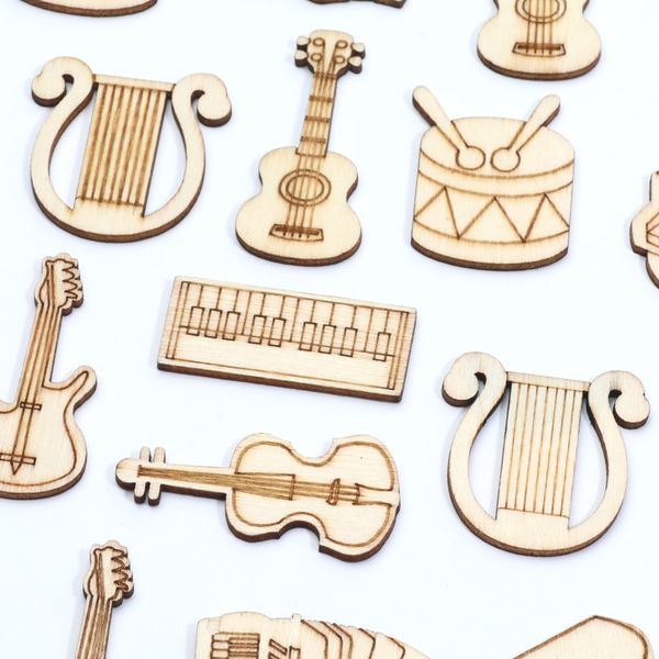 20pcs Instrument de musique mixte Artisanat en bois pour les embellissements de scrapbooking DIY fournit l'ornement de tranche de bois décoration intérieure