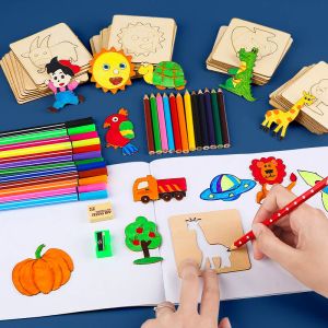 20pcs Montessori Kids Drawing Juguetes Madera Plantillas de pintura de bricolaje Conjunto de juguetes para colorear Juguetes Juguetes Educativos para niños Regalo