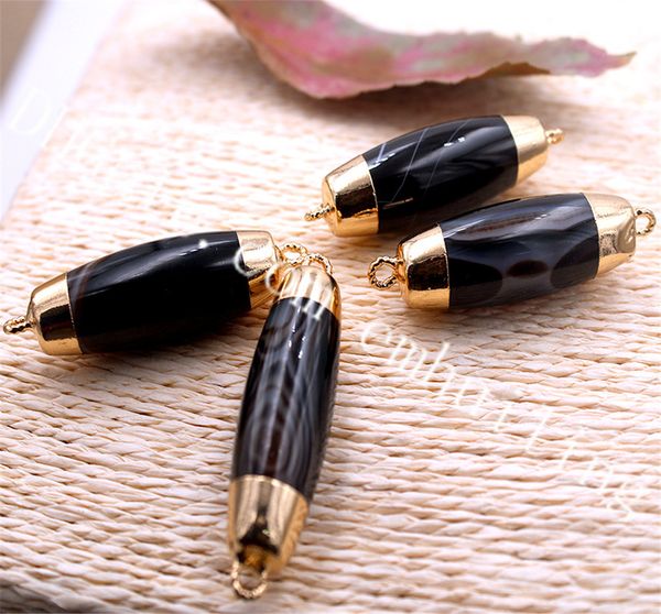 20 Unids Negro Natural Onyx Barrel Forma Colgantes Chapados en oro Conectores de doble bucle Negro Cristal de ágata Gemstone Links Joyería que hace suministros