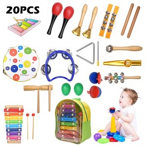 20pcs Instruments de musique à percussion pour tout-petits avec sac de transport Jouets éducatifs Rhythm Band Set Hochets en bois Cadeaux pour enfants 220706