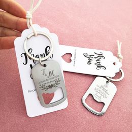 20 piezas personalizado grabado de acero inoxidable abridor de botellas de cerveza llaveros llaveros regalo de fiesta de boda abridores de organza bolsa 240118