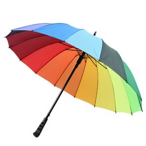 Parapluie arc-en-ciel avec crochet à longue poignée, 16K, haute qualité, droit, coupe-vent, pongé coloré, pour femmes et hommes, ensoleillé et pluvieux, 20 pièces