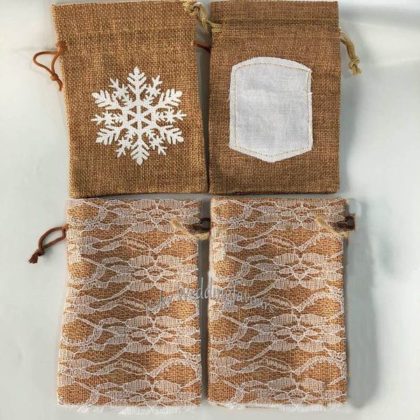 Lot de 20 pochettes rétro en toile de jute avec cordon de serrage - Flocon de neige, dentelle florale, styles de tissu d'écriture cousus, 9 x 14 cm.