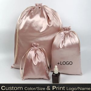 20 UNIDS Bolsas de Regalo de Seda de Oro Rosa Bolsa con Cordón de Satén Zapatos de Maquillaje Ropa Peluca de Cabello Virgen Bolsa de Embalaje Cosmético Impresión de Almacenamiento 240322