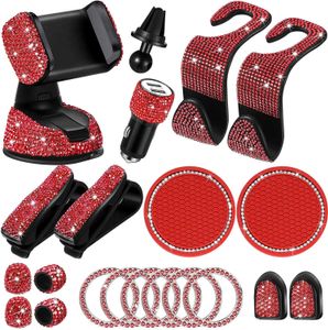20pcs/set Rhinestones Car Phone Holder Universal Bling Car Accessories for Women Auto Interior Hooks Sticker Pad Set Pink