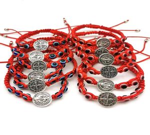 20 piezas pulsera de medalla de San Benito trenzada Rosario moneda con cuentas Cruz mal de ojo pulseras del encanto