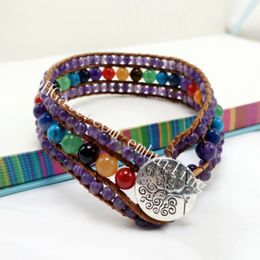 20 stks Stess Relief Boho Handgemaakte Armbanden 4mm 6mm Natuursteen Crystal Chakra Gemengde 3-rijige Beaded Wrap Armband W / Tree of Life Legering Sluiting